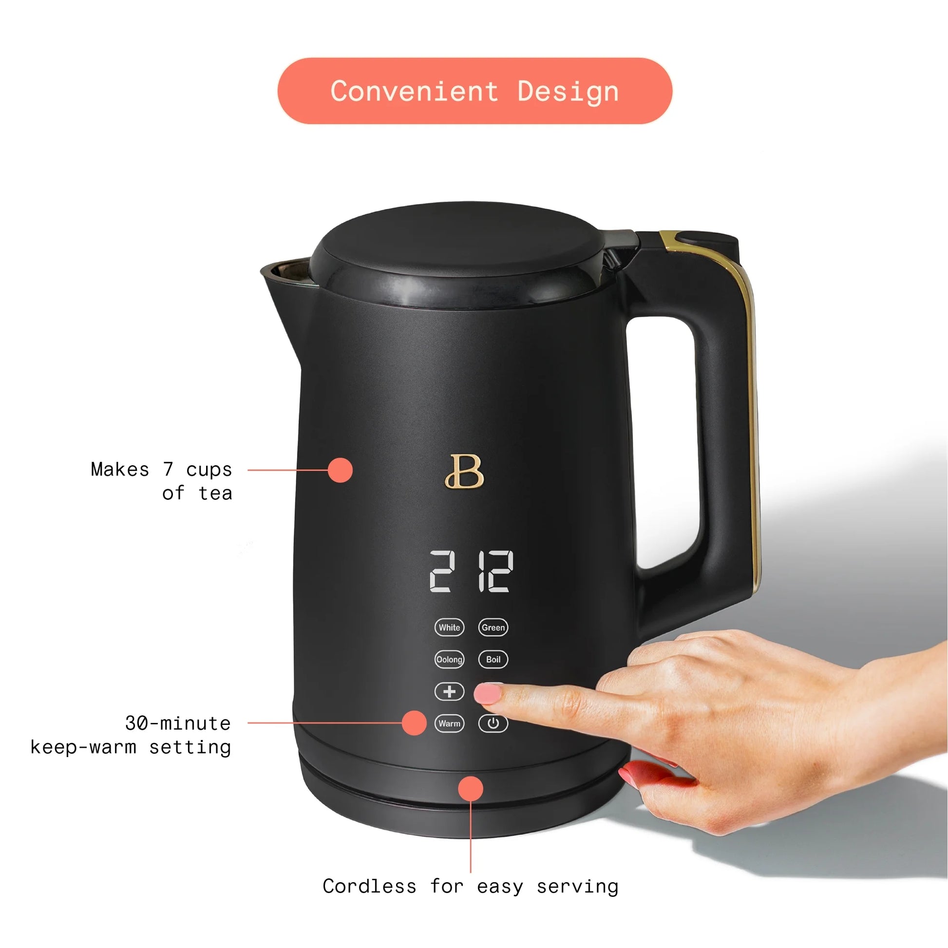 Beautiful 1.7-Liter Electric Kettle 1500 W with One-Touch Activation, Black Sesame by Drew Barrymore