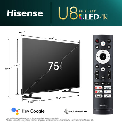 Hisense 75" Class U8 Series Mini-LED ULED 4K UHD Google Smart TV (75U8K) - QLED, Native 144Hz, 1500-Nit, Dolby Vision IQ, Full Array Local Dimming, Game Mode Pro