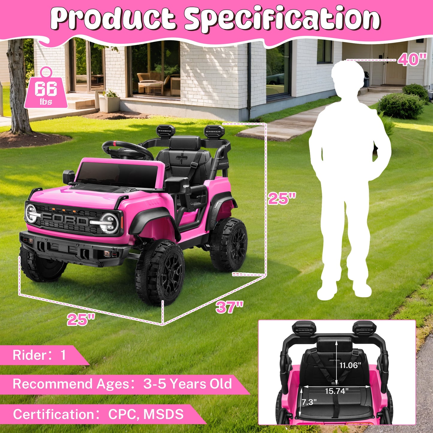 Ford Ride on Toy Cars, 12V Ford Bronco Raptor Powered Ride on Truck with Remote Control, Electric Car for Kids Girls 3-5 Gift with Bluetooth, Bright LED Headlight, Safety Belt, 4 Wheelers, Pink