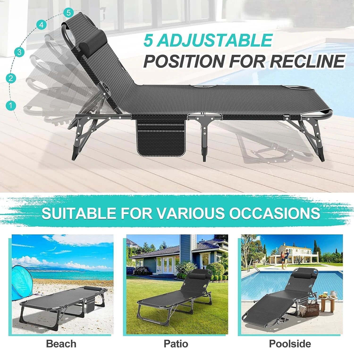 Slsy Folding Lounge Chair, 5-Position Adjustable Outdoor Reclining Chair, Folding Sleeping Bed Cot, Folding Chaise Lounge Chair for Pool Beach Patio Sunbathing