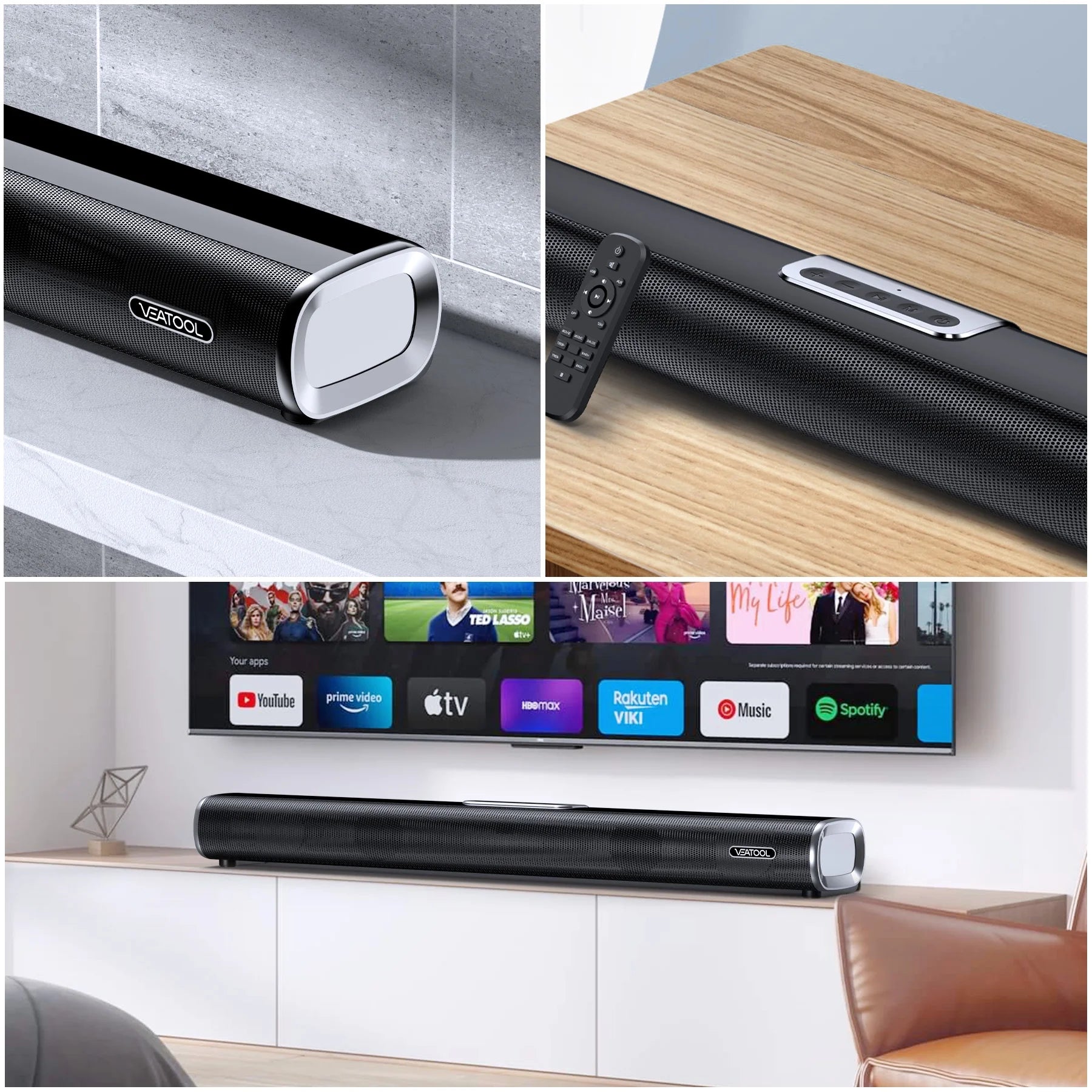 VEAT00L 2.1ch Sound Bars for TV, Soundbar with Subwoofer, Wired & Wireless Bluetooth 5.0 3D Surround Speakers, Optical/HDMI/AUX/RCA/USB Connection, Wall Mountable, Remote Control