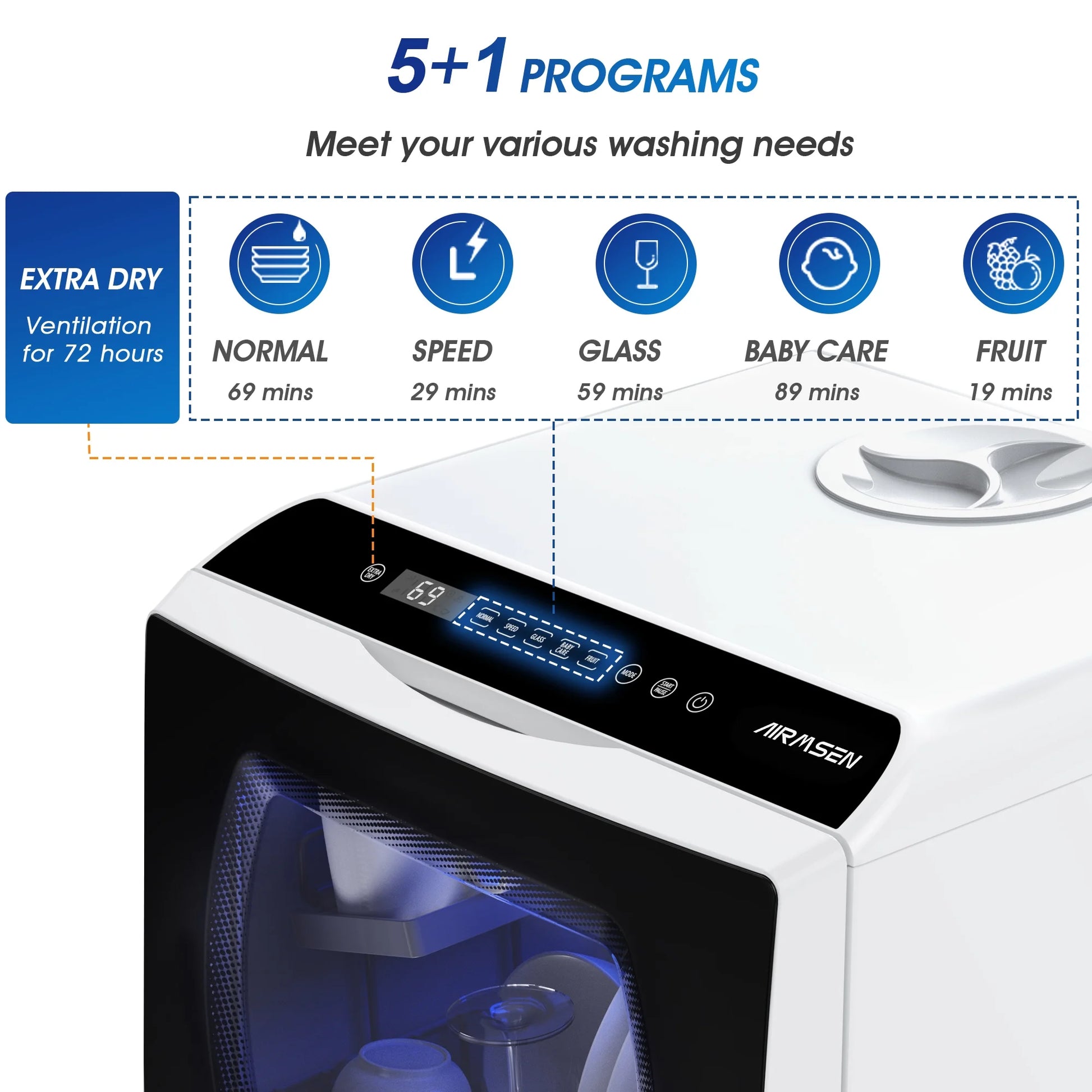 AIRMSEN Portable Countertop Dishwasher with 5-Liter Built-in Water Tank and Air-Dry Function, 5 Washing Programs Mini Dishwasher, AE-TDQR03