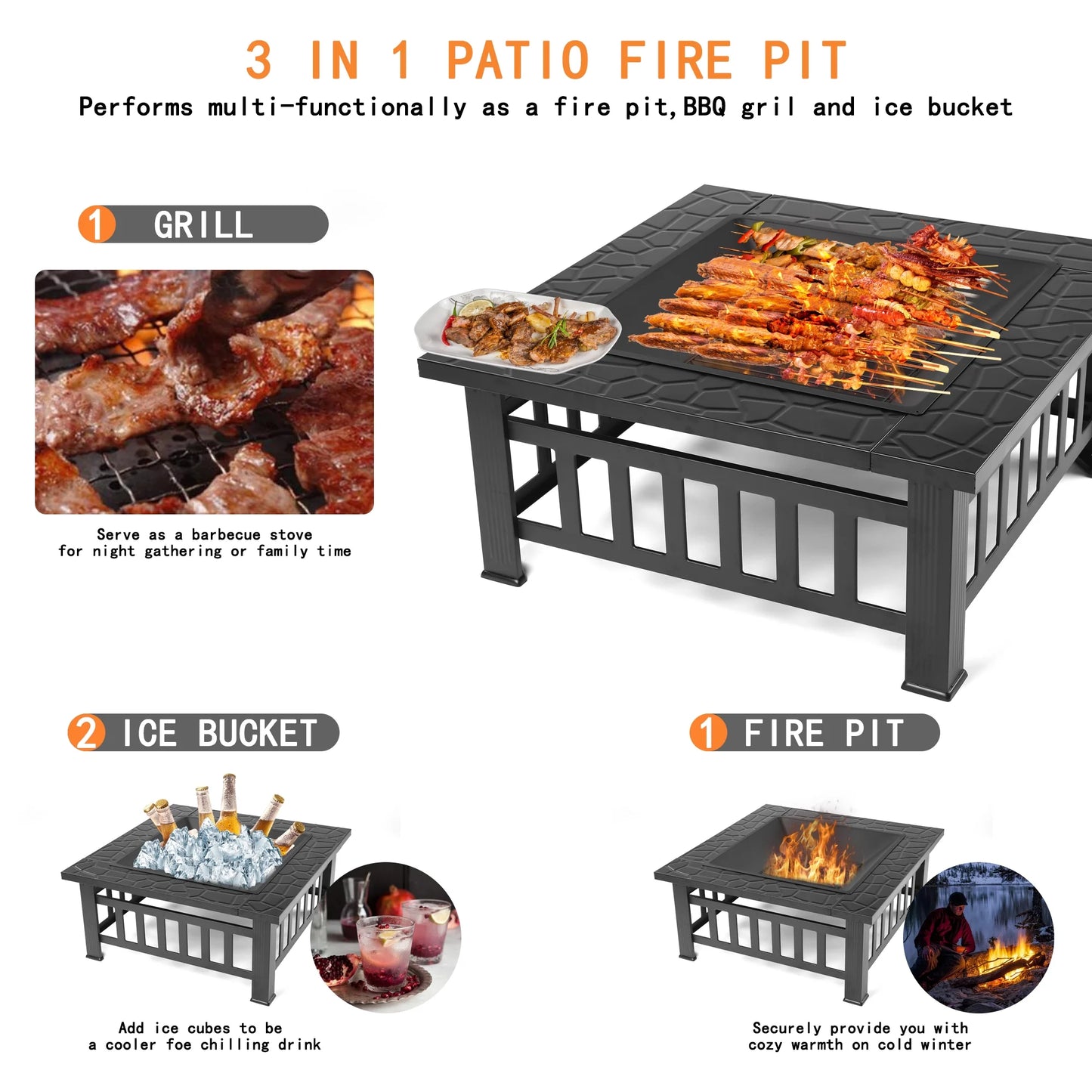 Fire Pits for Outside, 32" Wood Burning Fire Pit Tables with Screen Lid, Poker, BBQ Net, Ice Tray, Food Clip and Cover, Backyard Patio Garden Outdoor Fire Pit/Ice Pit/BBQ Fire Pit, Black