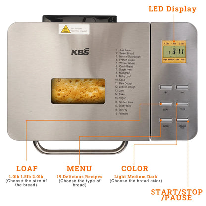 KBS 19-in-1 2LB Bread Maker Machine Fully Automatic LCD Display，Stainless Steel Model# 013