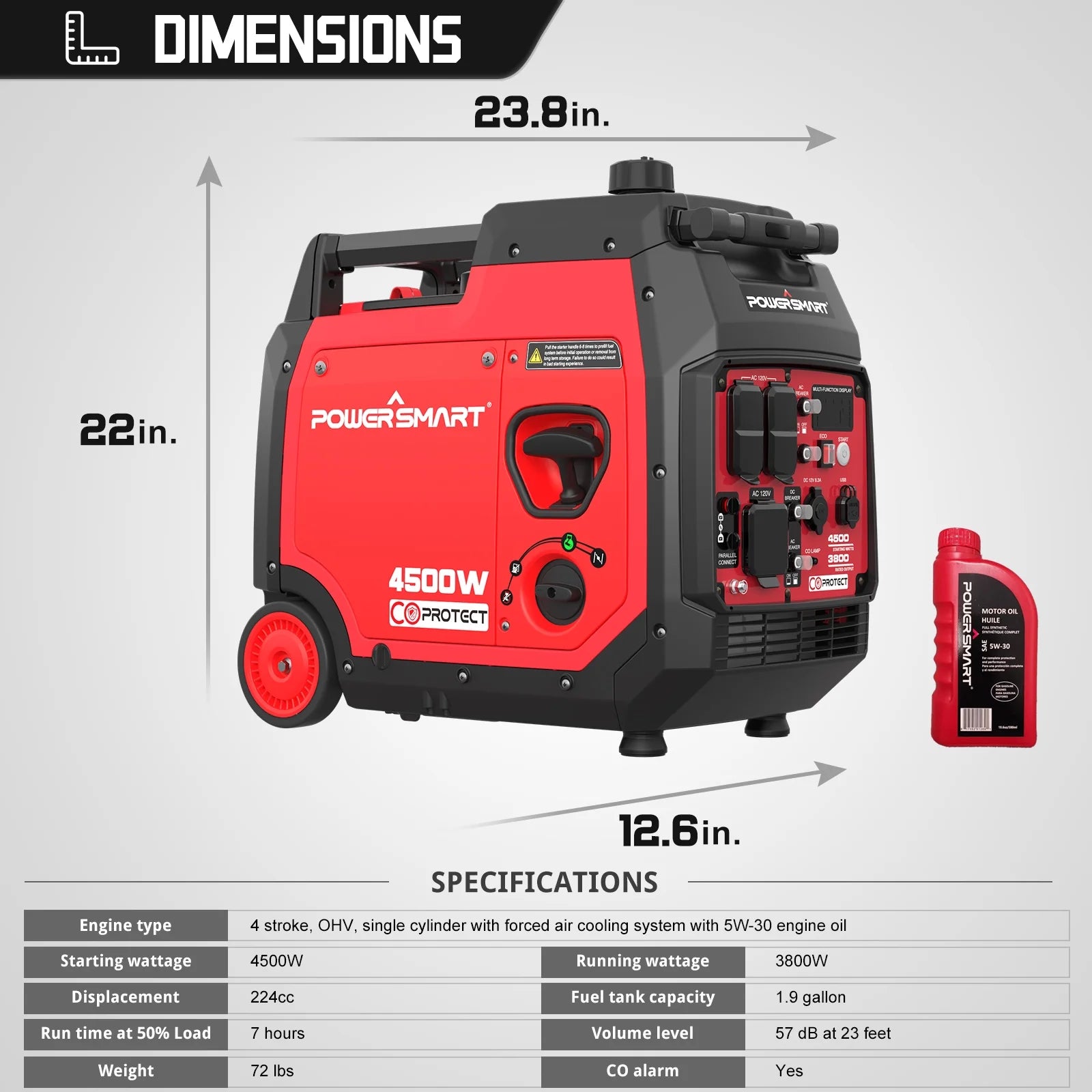 PowerSmart 4500W Gas Powered Inverter Generator with Electric Start Super Quiet Portable wheel,for Outdoor