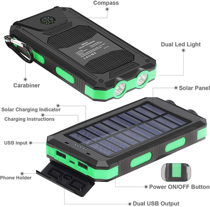 20000mAh Solar Charger for Cell Phone iphone, Portable Solar Power Bank with Dual 5V USB Ports, 2 Led Light Flashlight, Compass Battery Pack for Outdoor Camping Hiking(Green)