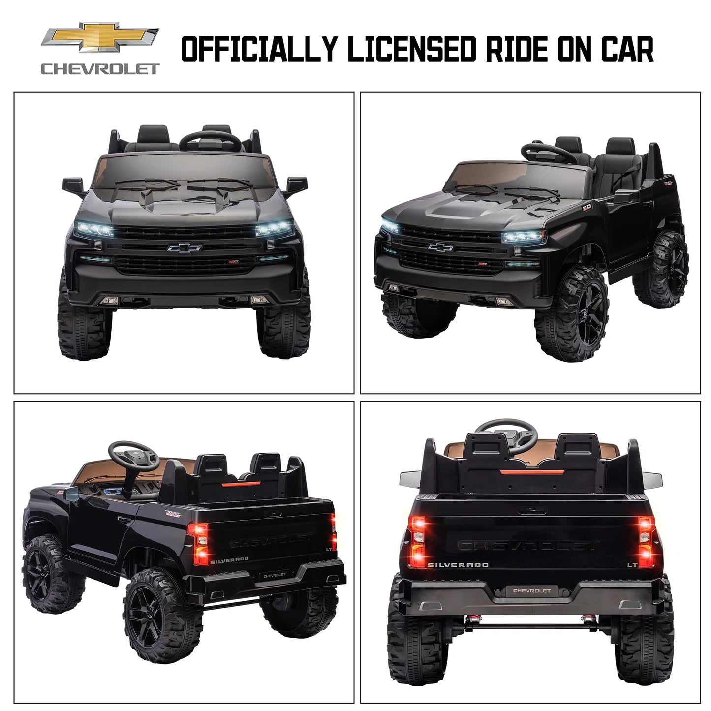 Chevrolet Silverado 24V Powered Ride on Cars for Kids, Extra large Real 2 Seat Ride on Toys with Remote Control, LED Light, MP3 Player, Electric Vehicles Ride on Truck for Boys Girls Gifts, Black