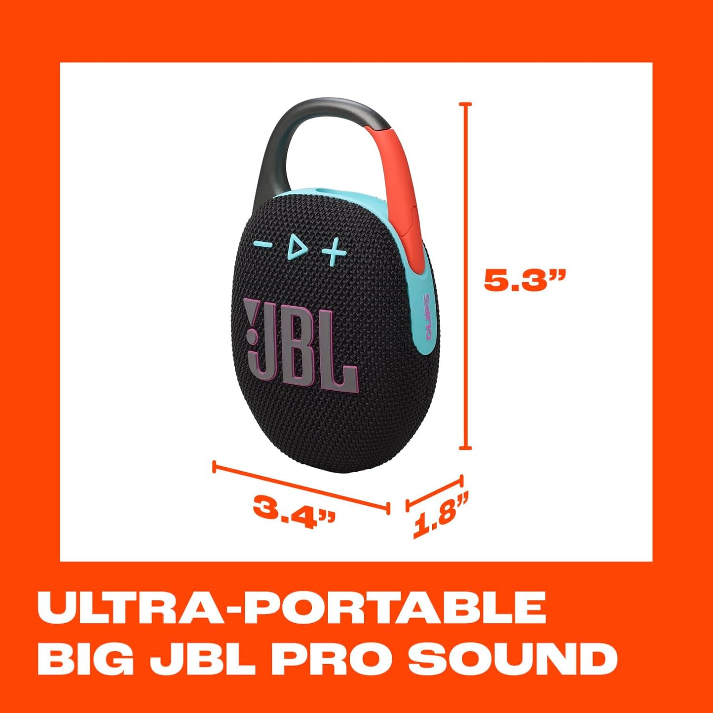 JBL Clip 5 - Ultra-Portable,Waterproof & Dustproof Bluetooth Speaker,Big Pro Sound with Punchy bass,Integrated Carabiner,Up to 12 Hours of Play,Made in Part with Recycled Materials(Black & Orange)