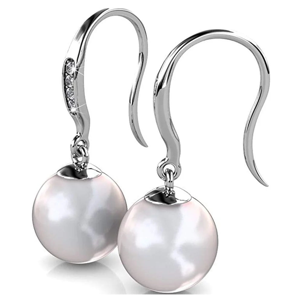 Cate & Chloe Betty 18k White Gold Plated Pearl Drop Earrings with Swarovski Crystals Gift for Women