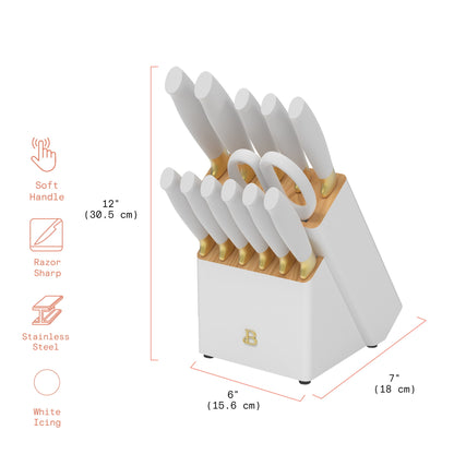 Beautiful 14-Piece White & Gold Knife Block Set with 11x14 Herringbone Wood Cutting Board by Drew Barrymore