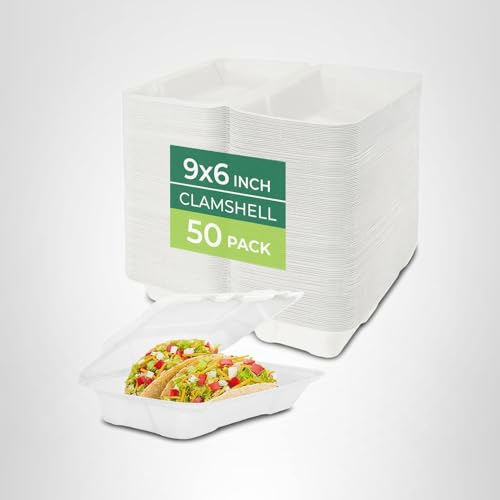 Freshware Clamshell Food Containers with Lids [9x6 50-Pack] Disposable To Go Containers, Biodegradable Sugarcane To Go Boxes - Paper Container - Microwave & Freezer Safe, Stackable
