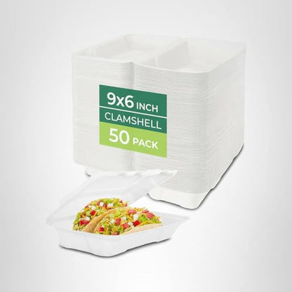 Freshware Clamshell Food Containers with Lids [9x6 50-Pack] Disposable To Go Containers, Biodegradable Sugarcane To Go Boxes - Paper Container - Microwave & Freezer Safe, Stackable