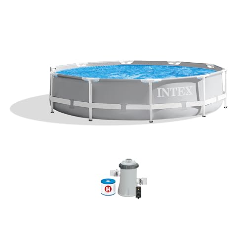 Intex Prism Frame Above Ground Swimming Pool Set with 3 Ply Polyvinyl Chloride Material and Krystal Clear Filtration for Outdoor Use, Gray