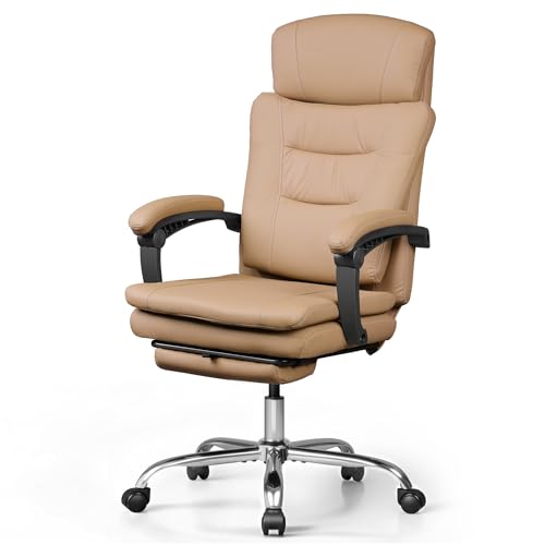 DEVAISE Executive Leather Home Office Chair with Footrest, High Back and Heavy Duty, Comfortable Big and Tall Ergonomic Desk Chair with Lumbar Support, Comfy Reclining, SGS Class 4 Gas Lift, Brown