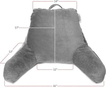 Nestl Reading Pillow Standard Bed Pillow, Back Pillow for Sitting in Bed Shredded Memory Foam Chair Pillow, Reading & Bed Rest Pillows Grey Back Pillow for Bed, Bed Chair Arm Pillow with Pockets
