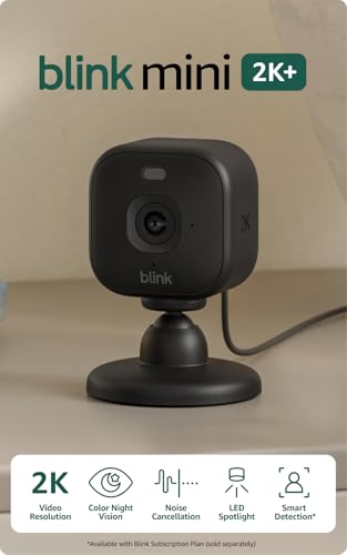 Blink Mini 2K+ (newest model) – Plug-in Home & Pet Security Camera with 2K video resolution, color night vision, enhanced audio, motion detection – 2 cameras (Black)