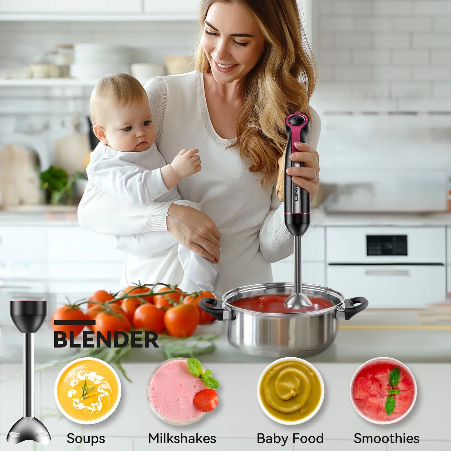 LINKChef Immersion Blender, 20-Speed 1000W 5-in-1 Immersion Hand Blender, Stick Blender with Turbo Mode, Baby Food Processor with Chopper, Blender for Kitchen with 600ml Beaker (Black)