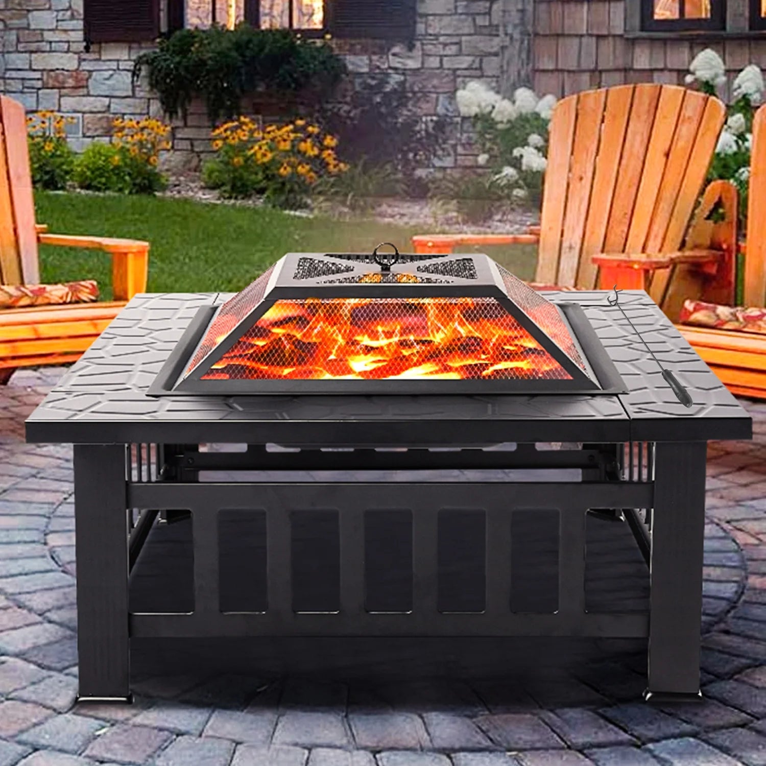 Fire Pits for Outside, 32" Wood Burning Fire Pit Tables with Screen Lid, Poker, BBQ Net, Ice Tray, Food Clip and Cover, Backyard Patio Garden Outdoor Fire Pit/Ice Pit/BBQ Fire Pit, Black