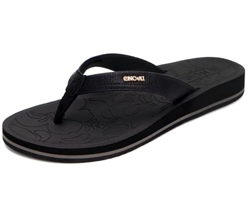 ONCAI Women's Flip Flops Comfortable Summer Beach Thong Sandals for Women 2025 with Cushion Walking Arch Support Yoga Mat Indoor Outdoor Soles Black Size 8