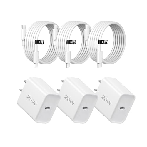 20W Fast Charger,3 Pack USB-C Port Charger with Type c-c Cable，for i Phone 17/16/15, i Pad and More (3 Pack White)