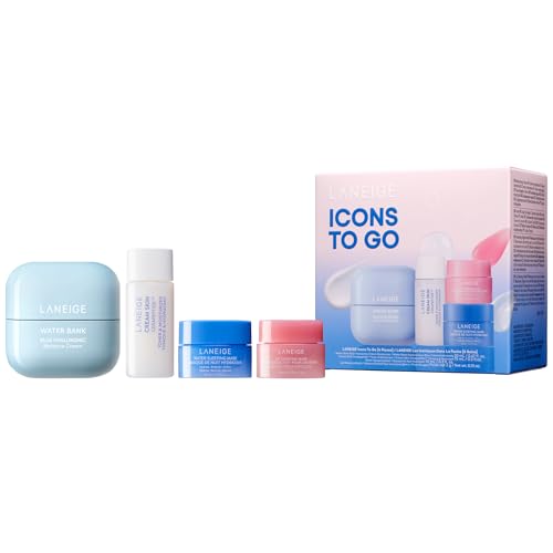 LANEIGE Icons To Go Set: Cream Skin, Water Bank Cream, Lip Sleeping Mask, Water Sleeping Mask, Travel Size, Full Size, Hydrate, Barrier-Boosting