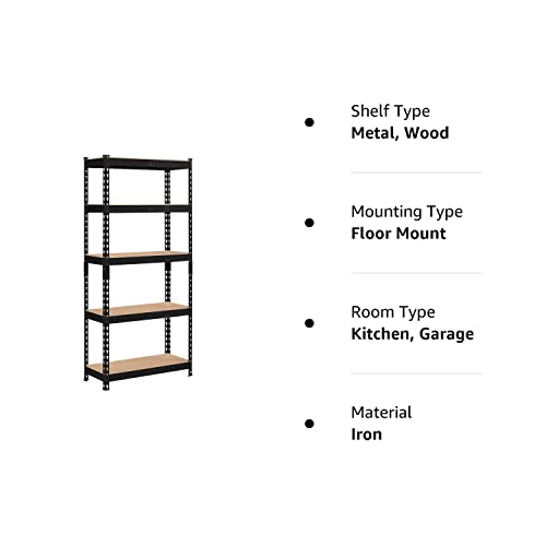 Topeakmart 5-Tier Utility Shelves, Metal Storage Shelves, Adjustable Shelving Units, Boltless Assembly, Garage Shelves Shed Shelving for Warehouse Garage Shed Basement- Black, 27.5 x 12x 60 Inch