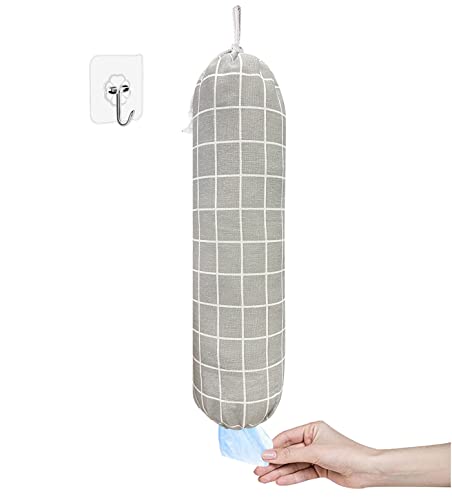 SYIPO Plastic Bag Holder, Wall Mount Organizer, Shopping Bags Carrier, Washable Large Grocery Storage Dispenser for Home Kitchen Travelling, Free Adjustment with Drawstring (Check Gray)