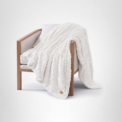 UGG Adalee Faux Fur Throw Blanket Luxury Lightweight Cozy Soft Throw for Couch Bed or Chair Hypoallergenic Machine Washable Double-Sided Fluffy Blanket Home Decor, 50-inch x 70-inch, Natural White