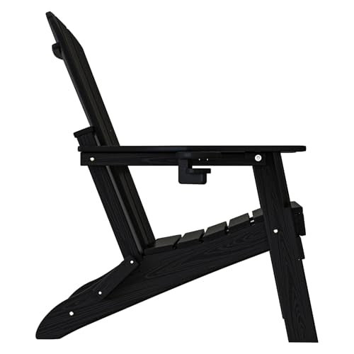 Plawdlik Folding Adirondack Chair, SGS Tested, Wooden Textured with Cup Holder, Heavy All-Weather HDPE Comfortable Set Poolside Backyard Lawn Black
