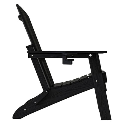 Plawdlik Folding Adirondack Chair, SGS Tested, Wooden Textured with Cup Holder, Heavy All-Weather HDPE Comfortable Set Poolside Backyard Lawn Black