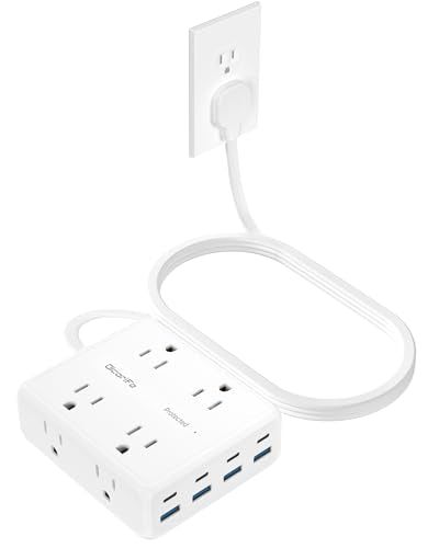 Olcorife Flat Plug Power Strip with 10 FT Extension Cord, 8 Outlets 8 USB Ports(4 USB C), 3 Sided Outlet Extender for Home Office Travel Dorm Room Essentials, White