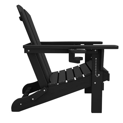 SERWALL HDPE Folding Adirondack Chair with Dual Cup Holder - Composite Adirondack Chair Set of 4- Black