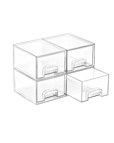 Vtopmart 4 Pack Small Clear Stackable Storage Drawers, Acrylic Bathroom Makeup Organizer, Plastic Storage Bins For Vanity, Undersink, Kitchen Cabinets, Pantry, Home Organization