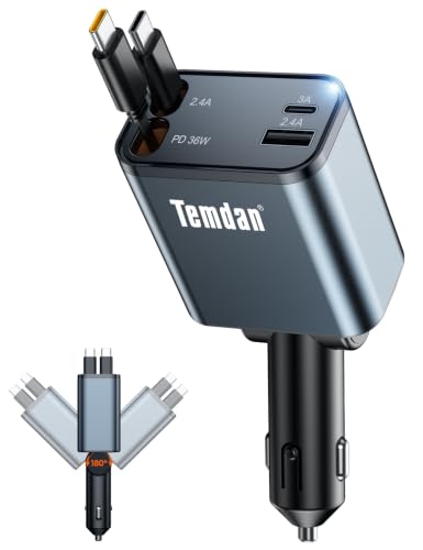 Temdan Retractable Car Charger,75W Fast Charger USB C Car Truck Accessories