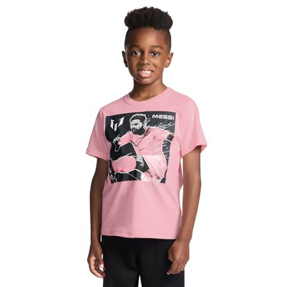 Messi Boys' Lifestyle Short Sleeve T-Shirt, Standard Fit Graphic Tee, Cotton Blend Fabric, Candy Pink