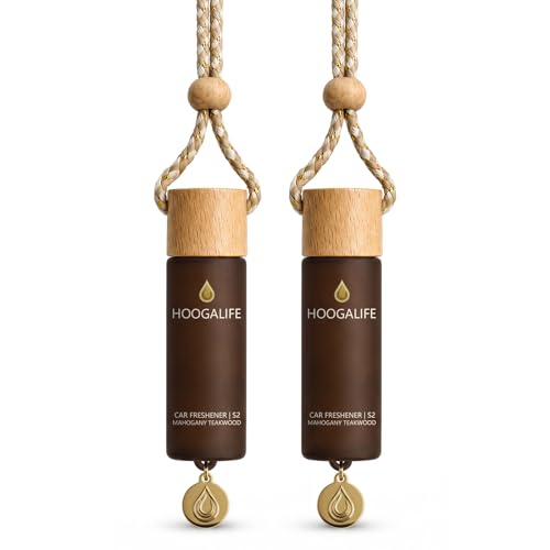 HOOGALIFE Car Air Freshener 2 Pack, Mahogany Teakwood Hanging Diffuser, 45+ Days Long Lasting Scent, Refillable Bottle, Odor Control for Auto Interior, Made in USA