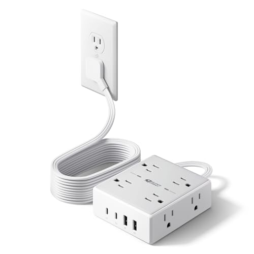 10Ft Extension Cord with Multiple Outlets, Flat Plug Surge Protector Power Strip 10 Ft Long Cord, 8 Outlets & 4 USB Ports (2 USB C), Desk Charging Station for Home Office, College Dorm Room Essentials