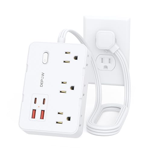 DEPOW Surge Protector Power Strip, 3 FT Extension Cord with 6 AC（1625W/13A Outlets 4 USB Ports,1050J Surge Protection, Wall Mountable Charging Station for Office, Home, White