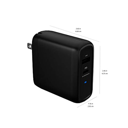 Amazon Basics 68W Two-Port GaN Wall Charger with 1 USB-C (60W) & 1 USB-A Ports (18W) with PD for Laptops, Tablets & Phones (iPhone 16/15/14/13/12/11/X, iPad, MacPro, Samsung, and more), Non-PPS, Black