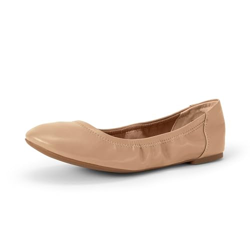 Amazon Essentials Women's Comfortable Round Toe Ballet Flats, Cushioned Memory Foam, Beige, 8