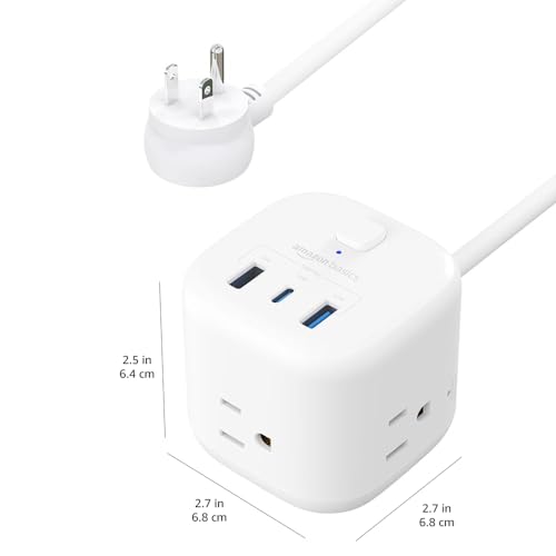 Amazon Basics Power Strip Cube 3 Outlet 3 USB Ports, 1 USB-C(15W) and 2 USB-A(12W), 5 ft Extension Cord, Home, Office, Travel, White