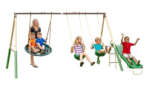 SuperDisc Swing Set with SuperDisc Swing. 5 User Capacity, Easy Assembly, Metal Frame Backyard Playground Set for Kids. with Padded Frame Legs for Safety. 148" L x 93" W x 74" H, by XDP Recreation