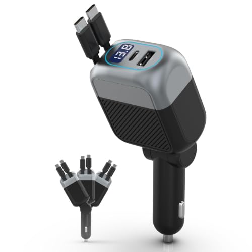 170W Dual USB C Retractable Car Charger, 4-in-1 Fast Charging Car Adapter
