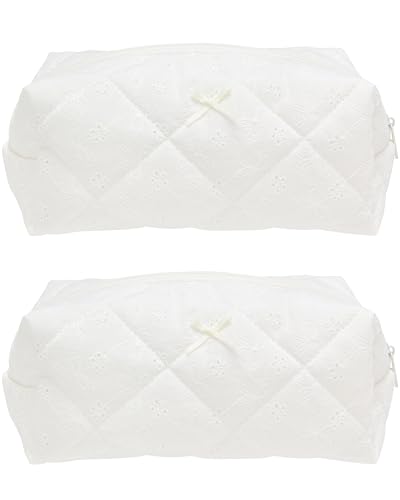 Cozy Makeup Bag for Women,Zipper Cosmetic Pouch,Embroidery White,2 Pack