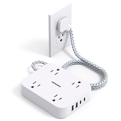 Flat Plug Extension Cord, 4 Widely Power Strip with 4 USB Ports(2 USB C)
