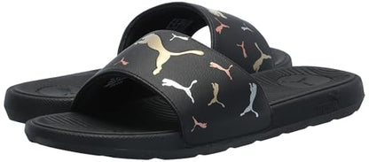 PUMA Women's Cool Cat 2.0 Slide Sandal, TOSS Black-Metallic Gold Silver, 8