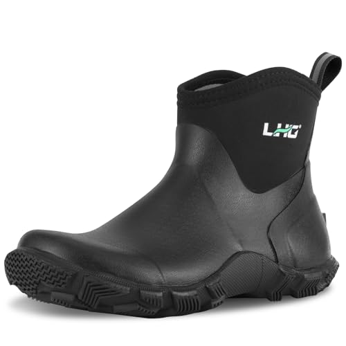 LHG Men's Ankle Rain Boots Waterproof Rubber Neoprene Insulated Non Slip Durable Slip On Outdoor Mud Garden Yard Work Boots, Size 9 Black