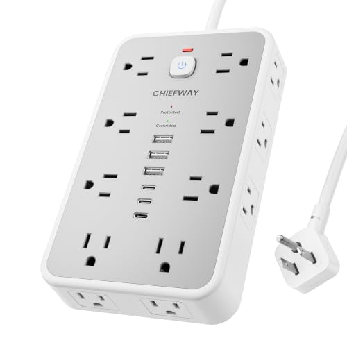 Surge Protector Power Strip, 6Ft Flat Plug Extension Cord with 6 USB Ports (3 USB C), 16 Widely Spaced Outlets, 4-Sided Outlet Extender, 2400J, 1875W/15A for Home Office Dorm Room Gaming