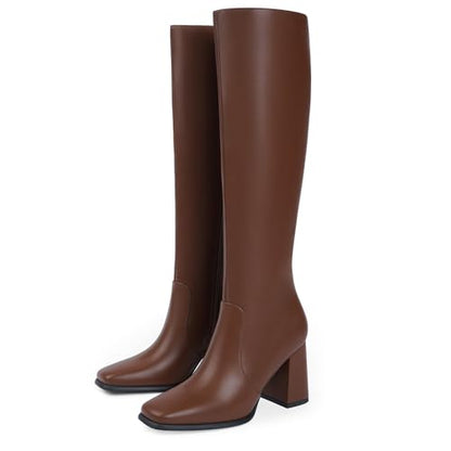 Modatope Knee High Boots Women Chunky Heel Brown Womens Fall Boots High Heel Side Zipper Long Boots Heeled Square Toe Boots for Women Size 7