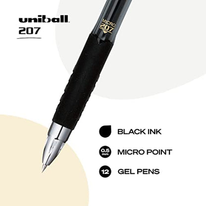 uni-ball® 207™ Retractable Fraud Prevention Gel Pens, Micro Point, 0.5 mm, Black Barrels, Black Ink, Pack of 12